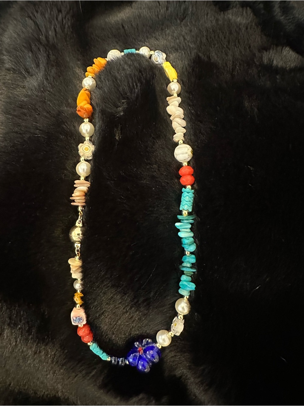 Handcrafted Multicolor Beaded Necklace - Turquoise, Blue, Orange, Cream